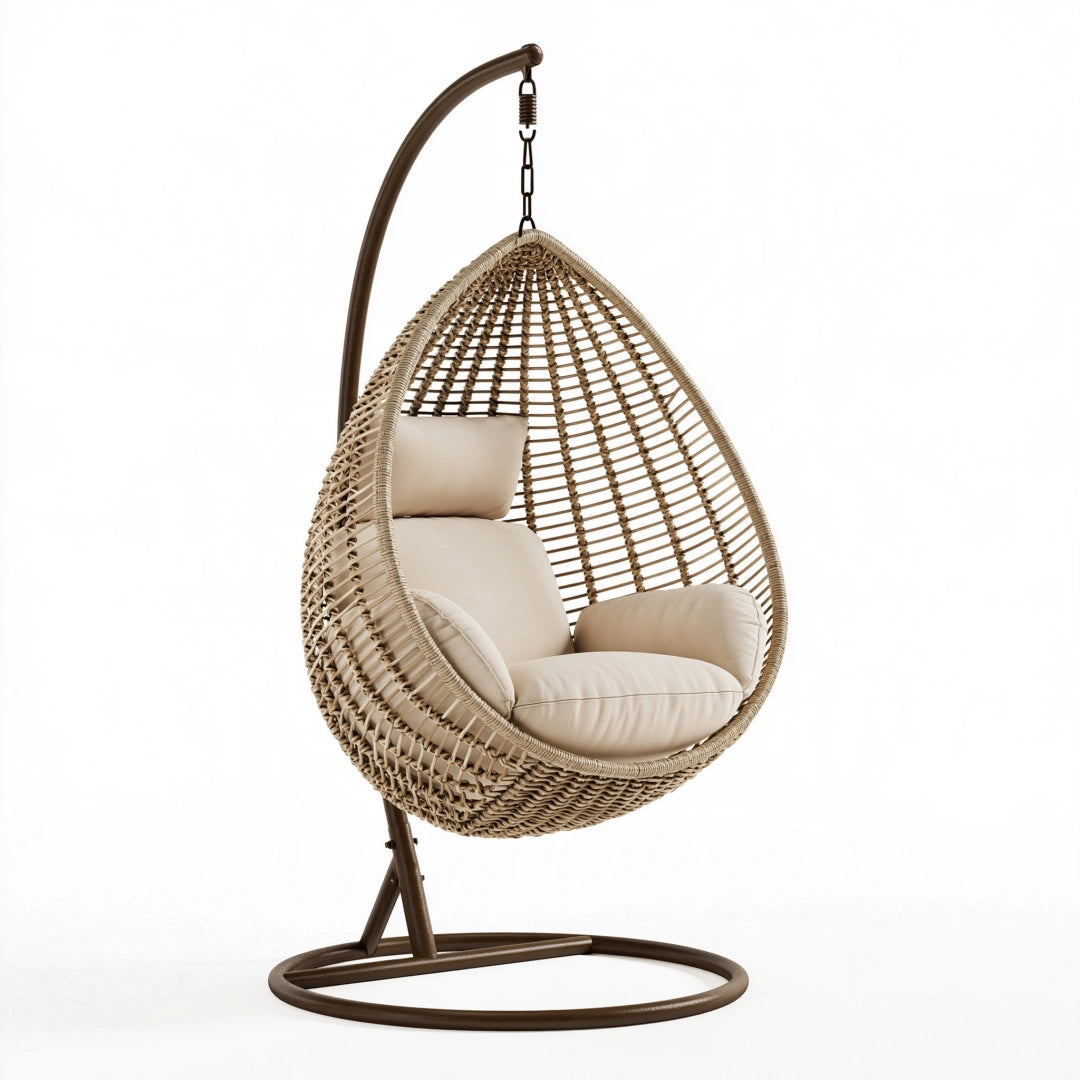 Poltrona sospesa 105 x 105 x 195 cm in rattan sintetico beige con struttura in metallo per interni