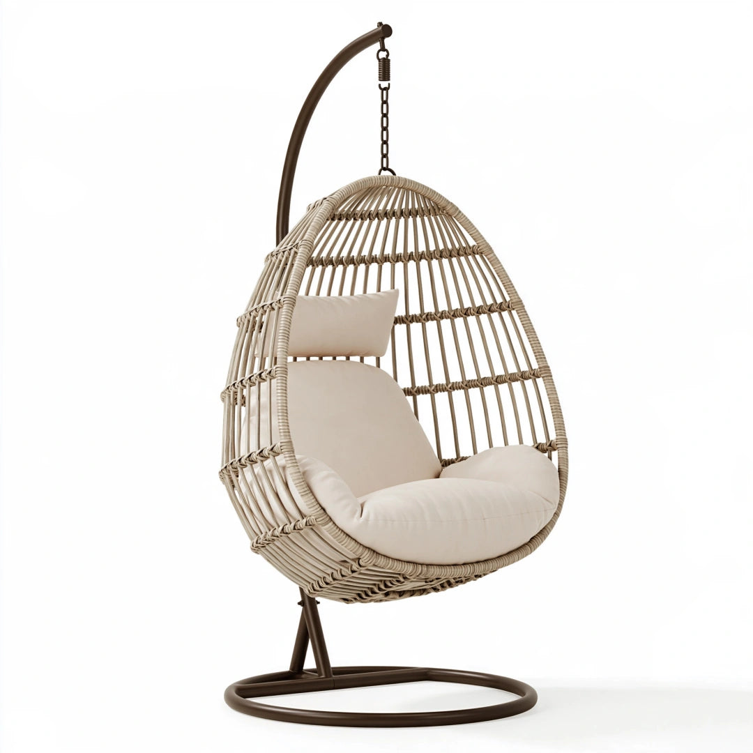 Poltrona sospesa 105 x 105 x 195 cm in fibra intrecciata beige e metallo marrone per relax stile boho