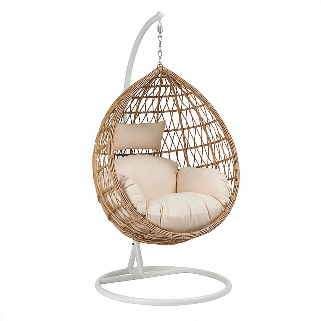 Poltrona sospesa 105 cm x 105 cm x 195 cm in rattan marrone con struttura in metallo bianco - stile boho per interni e spazi esterni coperti