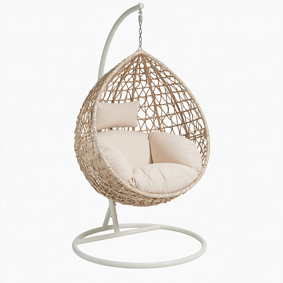 Poltrona sospesa 105 x 105 x 195 cm in fibra intrecciata beige con struttura in metallo bianco design a uovo