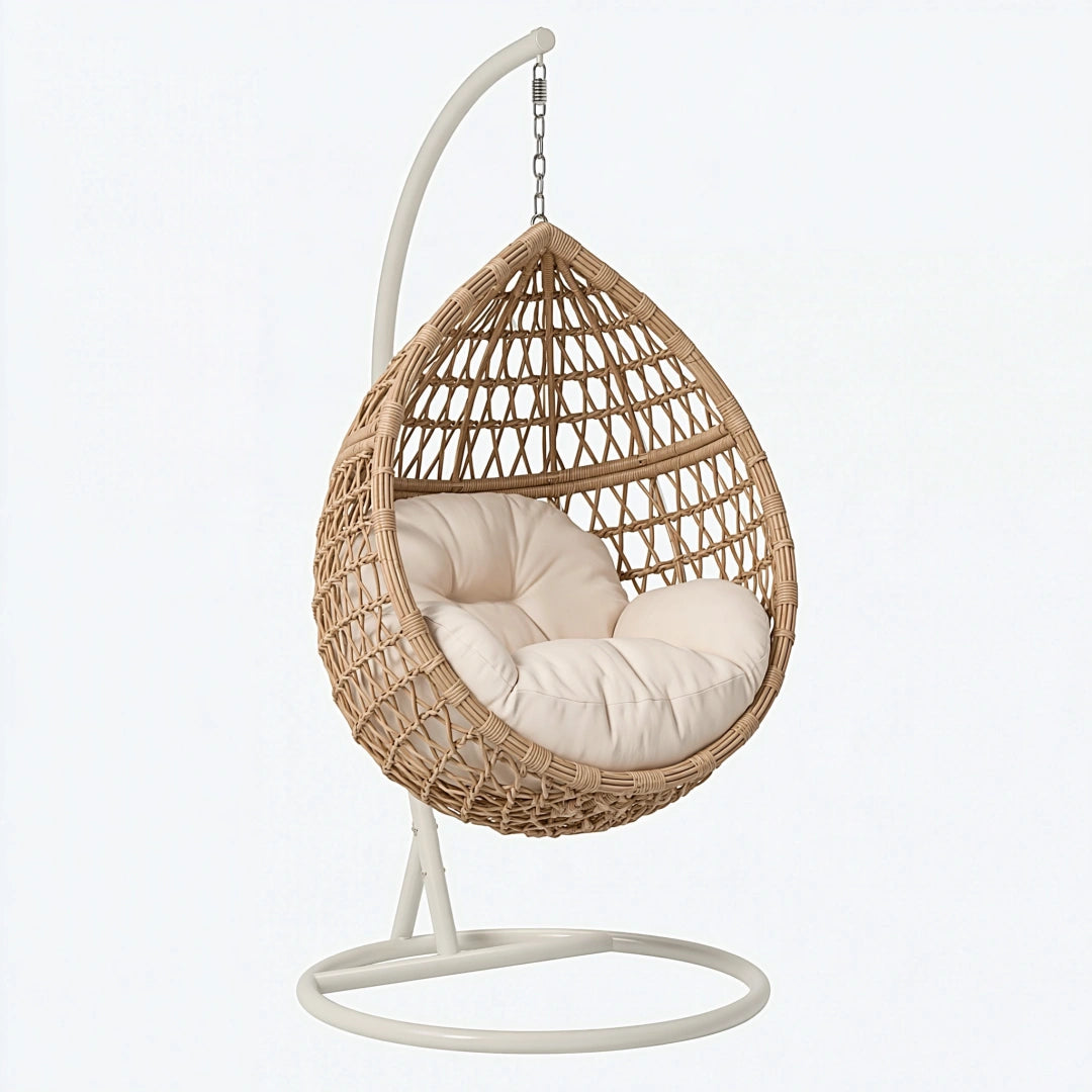 Poltrona sospesa 105 x 95 x 195 cm in fibra intrecciata naturale e metallo bianco - stile boho da interno
