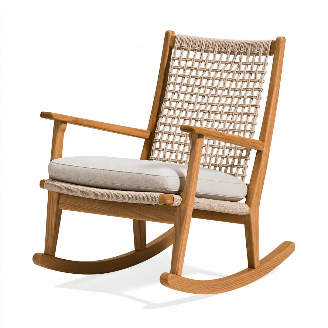 Sedia a dondolo 65 x 95 x 105 cm in legno naturale con corda intrecciata stile nordico
