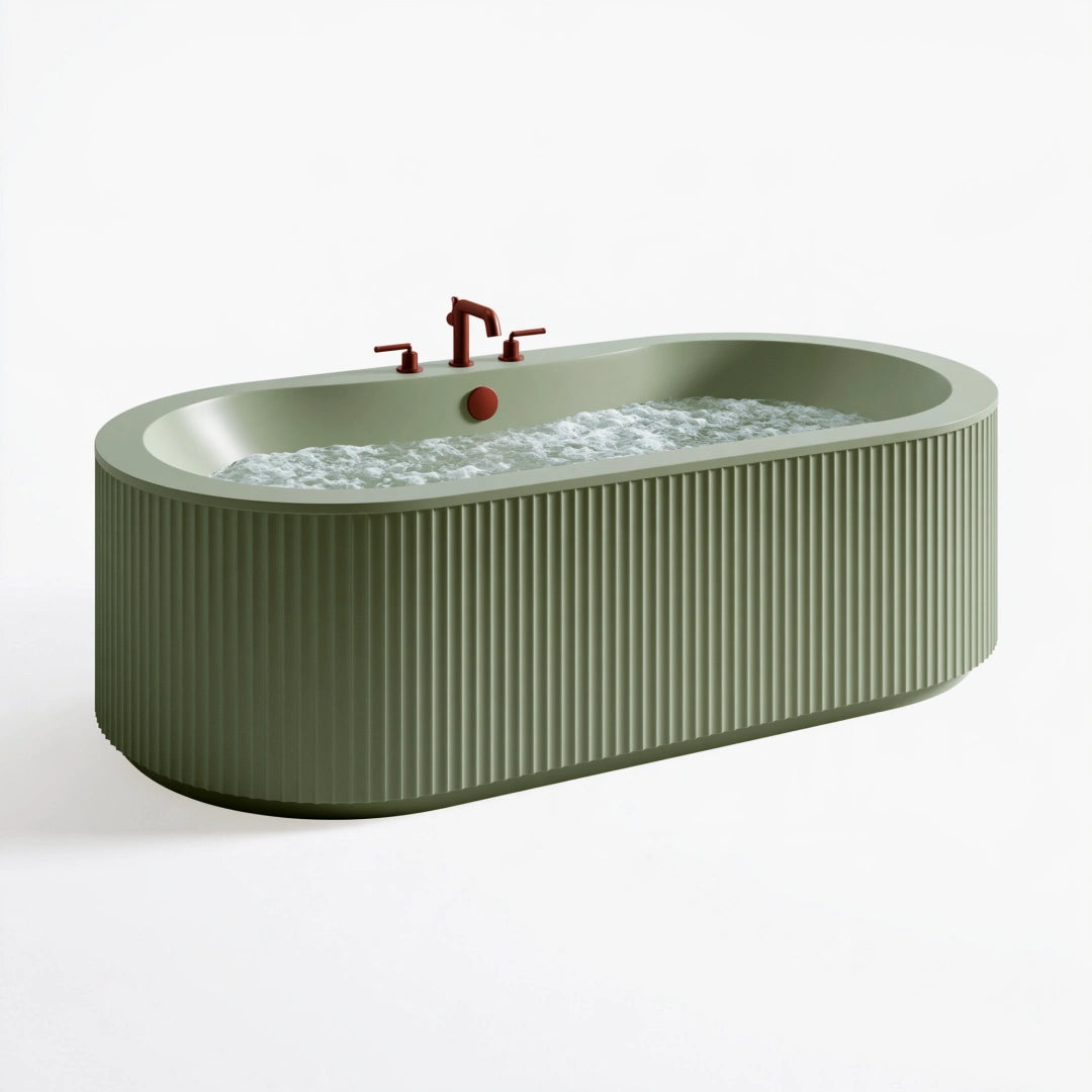 Vasca da bagno ovale 170 x 80 cm in acrilico verde salvia freestanding con rivestimento scanalato